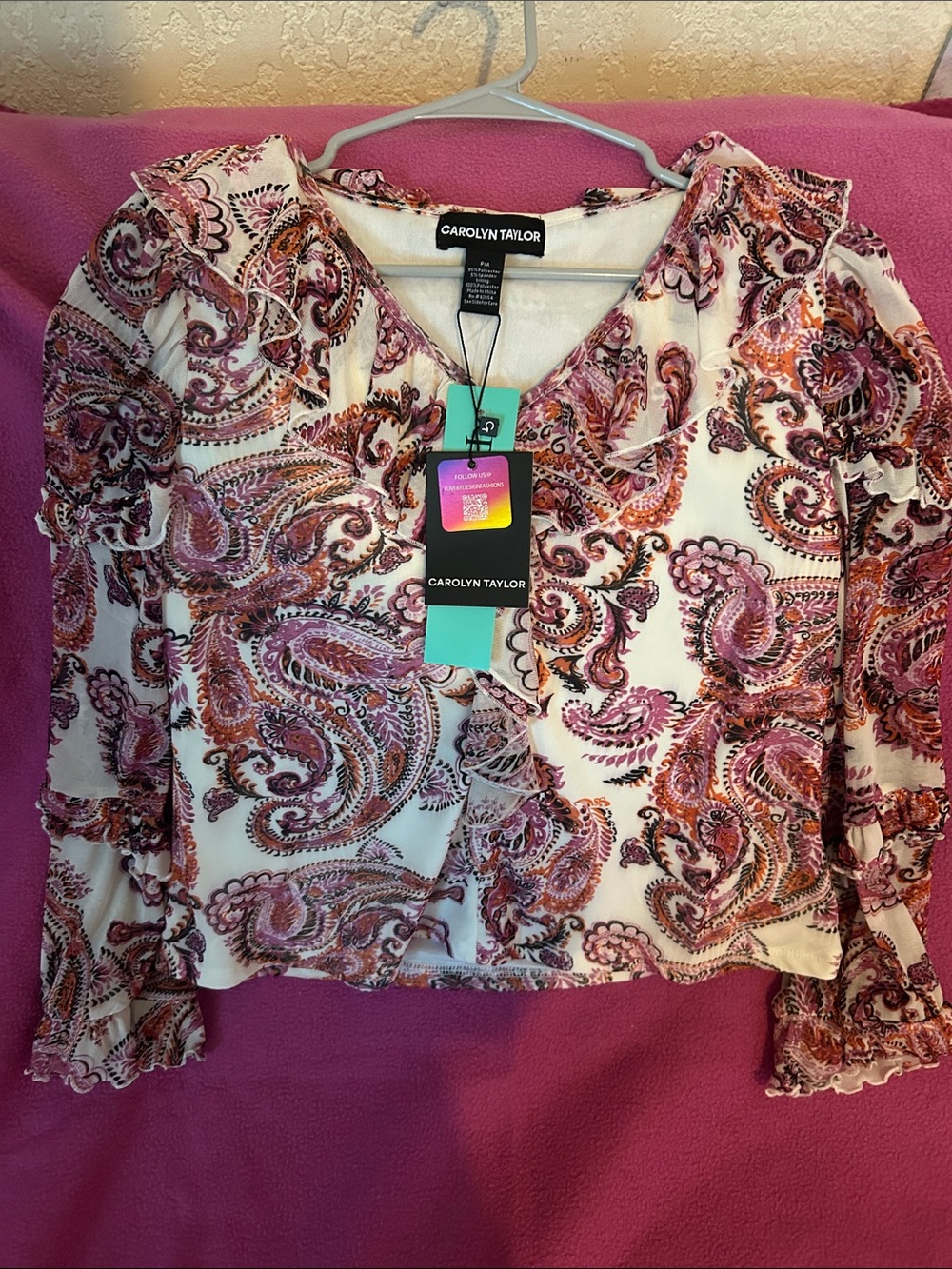 Carolyn Taylor Cream Blouse with Pink and Brown Paisley Ruffles